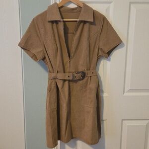 Belted Corduroy Shirt Dress in Light Brown